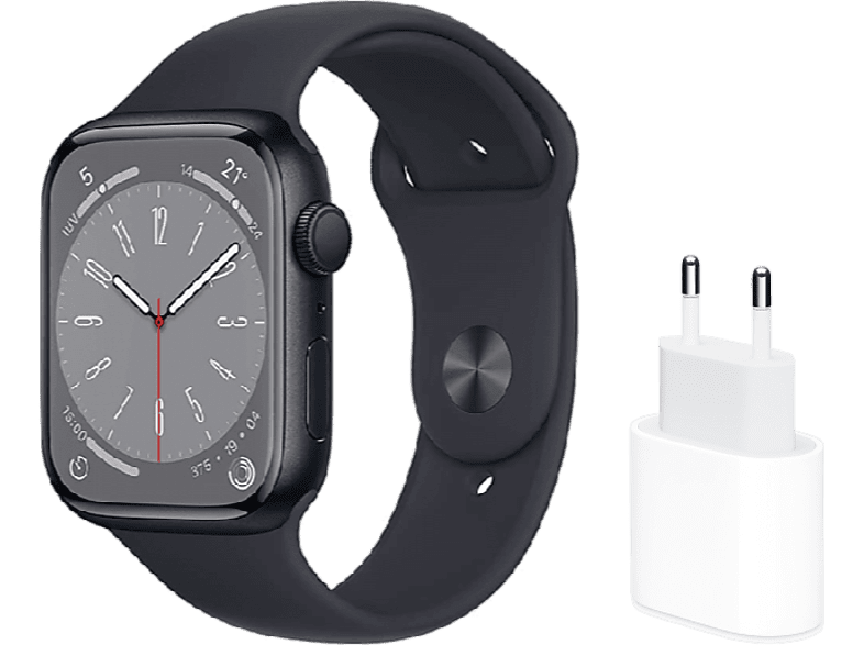 APPLE Watch Series 8 (2022) GPS 45 mm Caja de aluminio Vidrio delantero Ion-X + Adaptador de corriente USB-C de 20 W